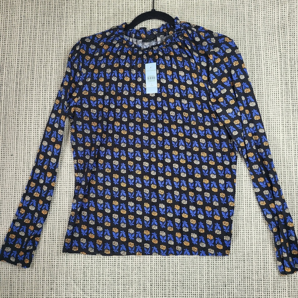Ann Taylor Shirt Womens Large Petite Black Blue Gold Floral Long‎ Sleeve Top New
